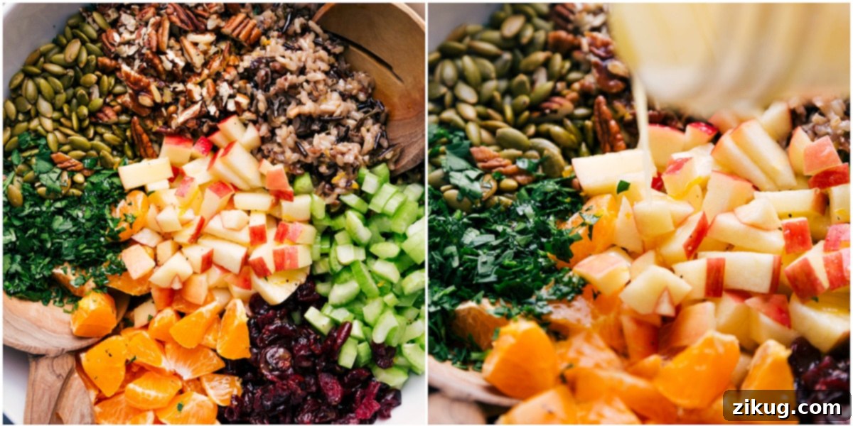 Your Thanksgiving Spread Needs This Wild Rice Pilaf All the vibrant ingredients for the Cranberry Orange Wild Rice Pilaf are gathered in a large bowl, with the zesty orange-honey vinaigrette being drizzled generously over the top, ready for tossing.