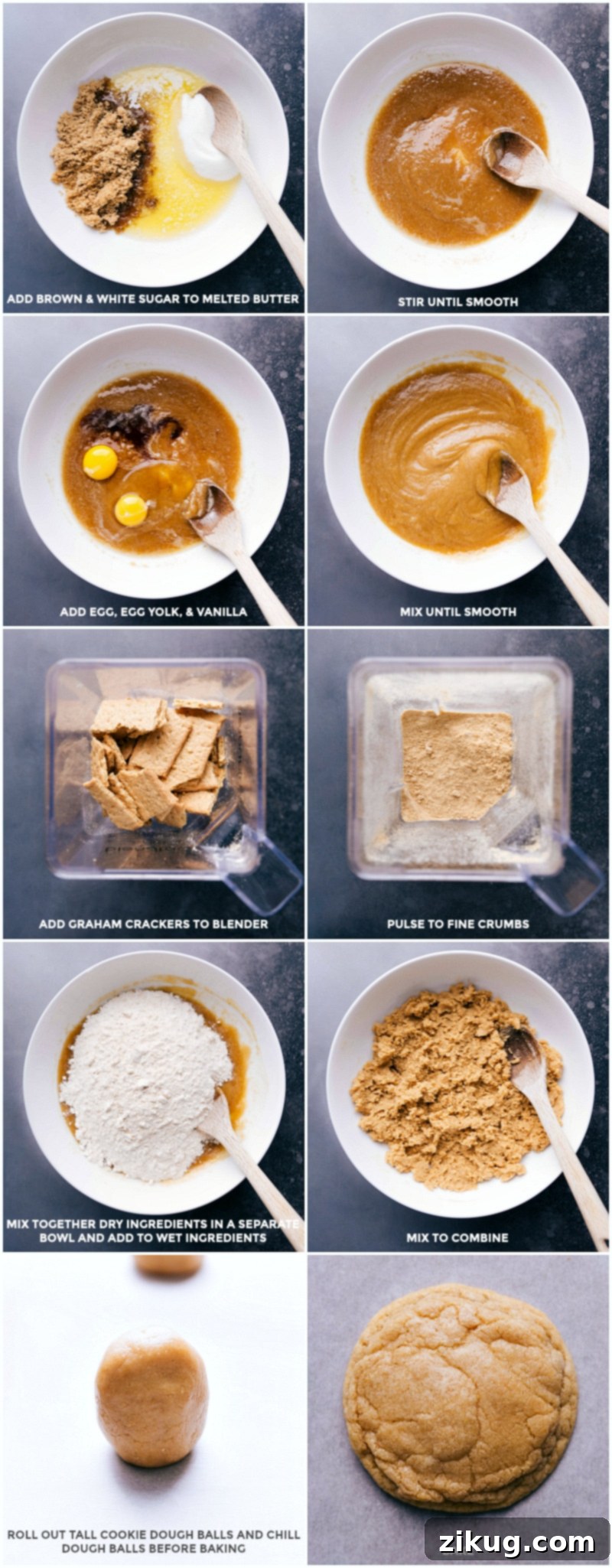 These Salted Caramel Cookies make the ultimate show-stopping, soft-yet-sweet, bakery-style cookie! Step-by-step visual guide: Combine wet ingredients, blend graham crackers, mix crumbs into batter, shape dough into tall cylinders, and finally, bake the perfect cookies.