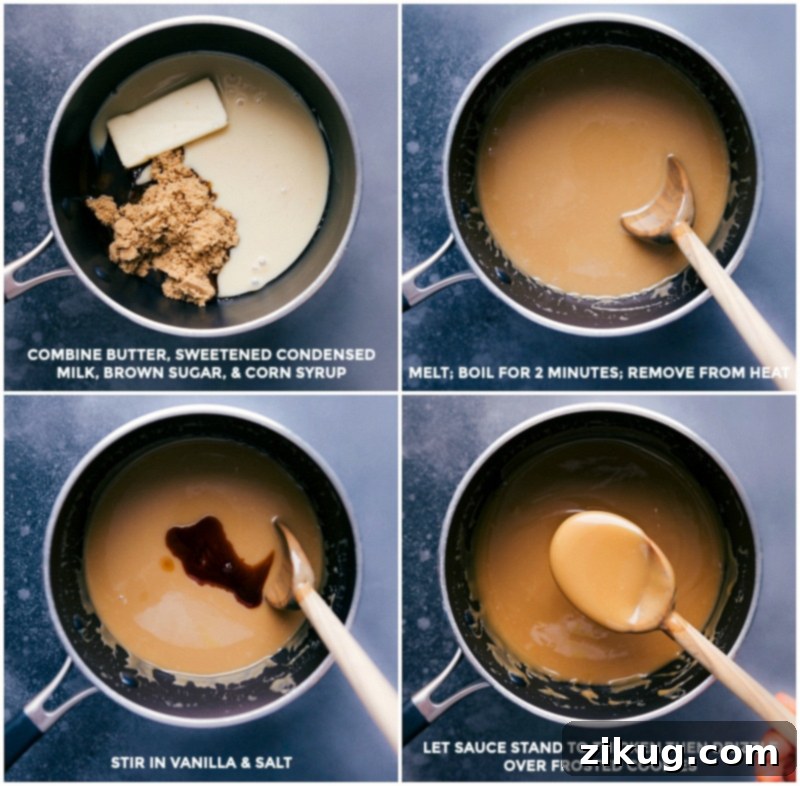The Best Cookies Detailed image showing the caramel sauce preparation process: Combine butter, sugars, and condensed milk; boil for two minutes; remove from heat and stir in vanilla and salt; allow to cool and thicken to perfect drizzling consistency.
