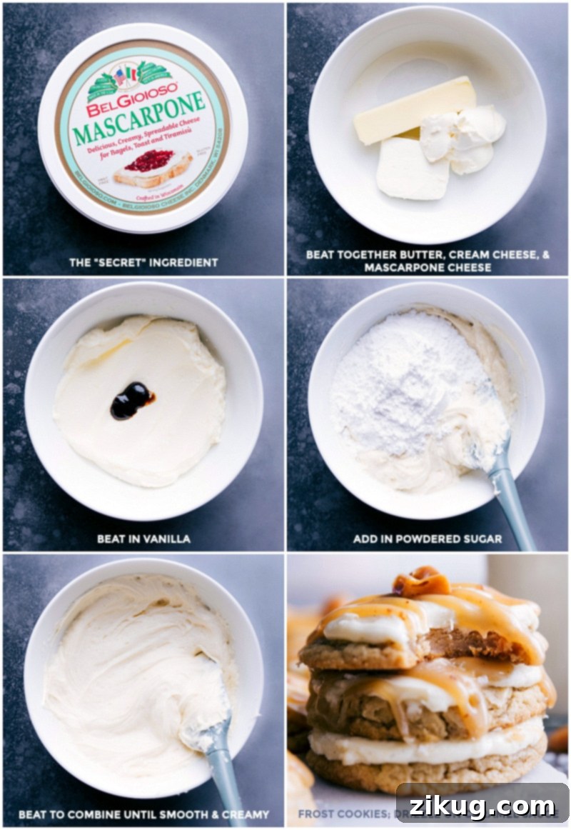 The best ever Salted Caramel Cookies Visual steps for preparing the luxurious cream cheese frosting with mascarpone: Beat mascarpone, butter, and cream cheese together until smooth; add vanilla and powdered sugar; beat until combined and creamy; then frost the perfectly baked salted caramel cookies.