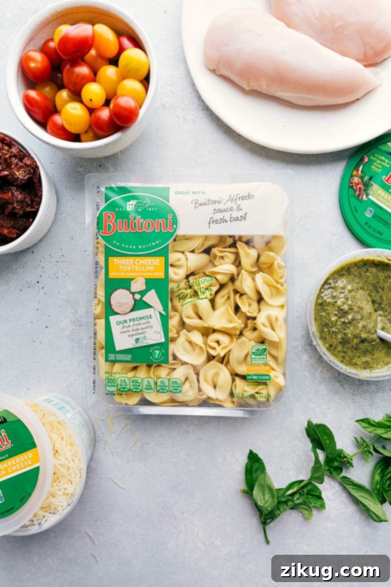 Fresh and Flavorful Ingredients for Pesto Chicken Tortellini Process shot showing all the fresh ingredients laid out for Pesto Chicken Tortellini: cheese tortellini, boneless chicken breasts, basil pesto, sun-dried tomatoes in oil, fresh basil, garlic, paprika, Italian seasoning, salt, and pepper.