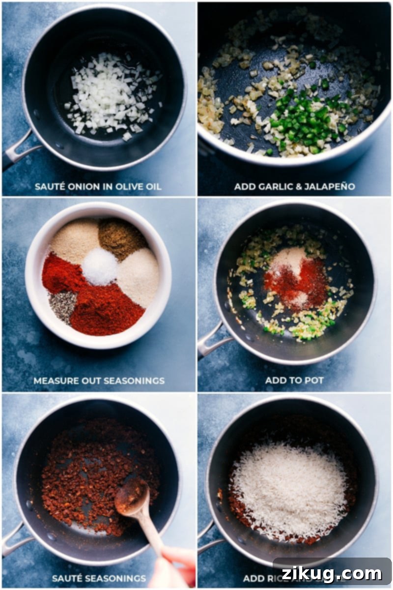 Crafting the perfect Mexican-spiced rice is crucial for these Bean and Cheese Burritos, which also feature creamy pinto beans, crisp corn, and savory black beans. We enhance creaminess and cheesiness with sour cream and two types of cheese. Crisp these tasty vegetarian burritos in a skillet or air fryer for an amazing dinner. Recipe inspired by chelseasmessyapron. #dinner #best #quick #easy #simple #vegetarian #avocado #tomato #salsa #bean #cheese #burritos Step-by-step process images illustrating the preparation of the Mexican-spiced rice, showing ingredients being cooked and the rice achieving its fluffy texture.