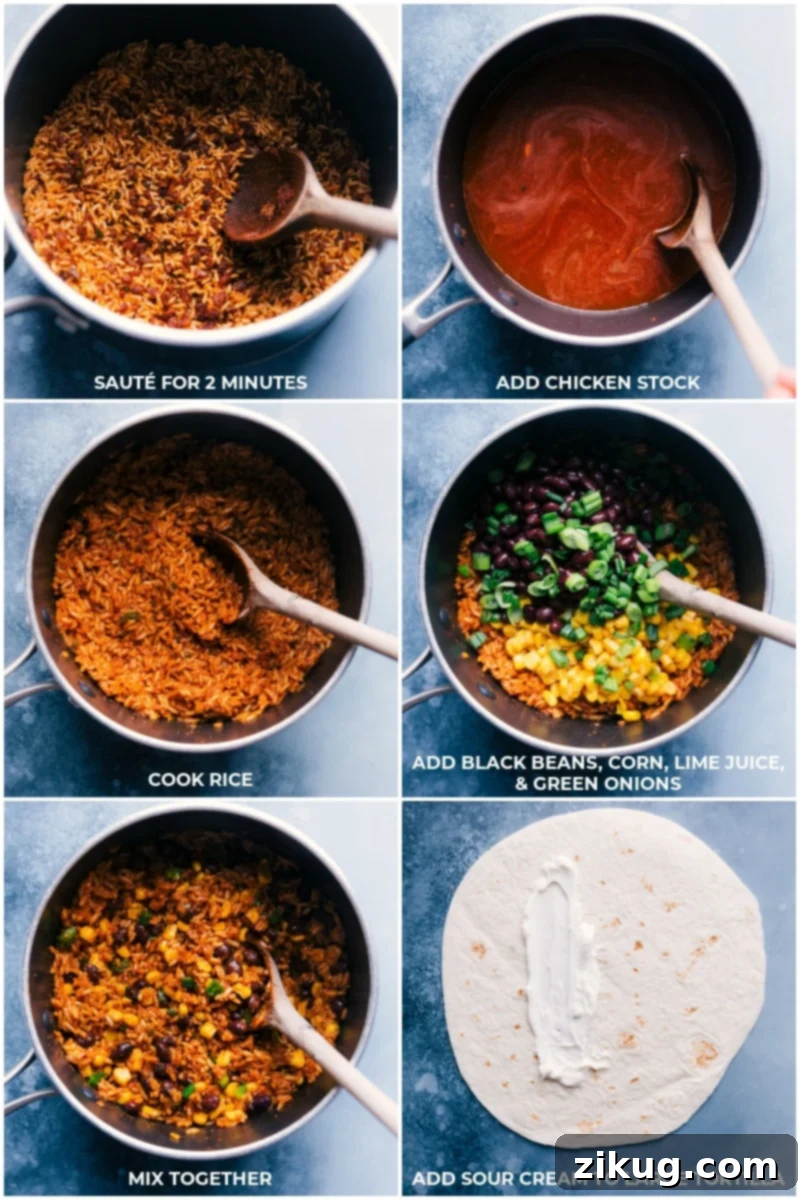 Watch the journey of crafting flavor-packed Bean and Cheese Burritos, from fluffy Mexican-spiced rice to creamy pinto beans, crisp corn, and savory black beans, all richly complemented by sour cream and two types of cheese. Master the art of assembly for perfect crisping in a skillet or air fryer. Recipe via chelseasmessyapron. #dinner #best #quick #easy #simple #vegetarian #avocado #tomato #salsa #bean #cheese #burritos Process images showing the cooking of Mexican-spiced rice and the initial assembly step of spreading sour cream onto a tortilla, preparing for the fillings.