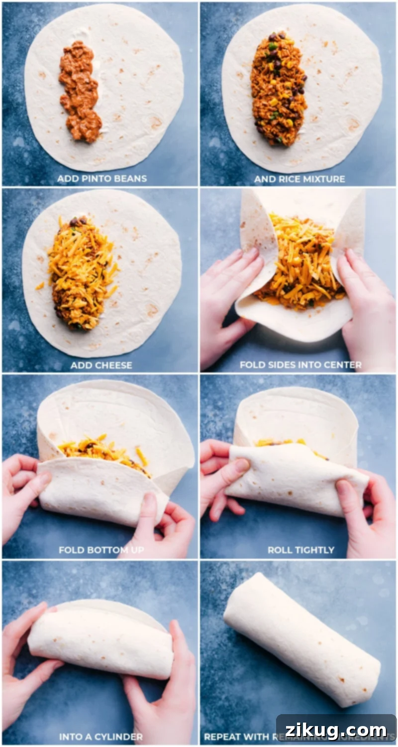 Witness the full journey: building perfect Bean and Cheese Burritos with creamy pinto beans, Mexican-spiced rice, crisp corn, savory black beans, sour cream, and two cheese types. Master the art of folding for impeccable crisping in a skillet or air fryer. This recipe from chelseasmessyapron guarantees delicious vegetarian meals. #dinner #best #quick #easy #simple #vegetarian #avocado #tomato #salsa #bean #cheese #burritos Process images showcasing the complete assembly of a bean and cheese burrito, from carefully adding each layer of filling to the expert final folding technique.