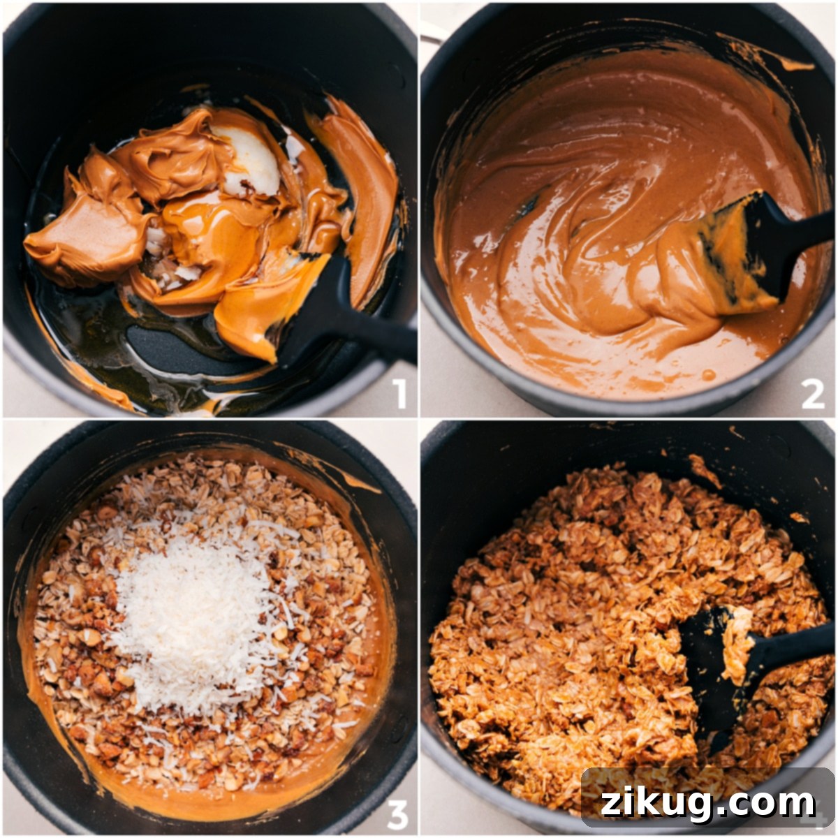 How to Easily Make Chewy Granola Bars at Home The process of mixing the wet base (peanut butter, honey, coconut oil) with dry ingredients (oats, cashews, shredded coconut) in a pot for chewy granola bars.