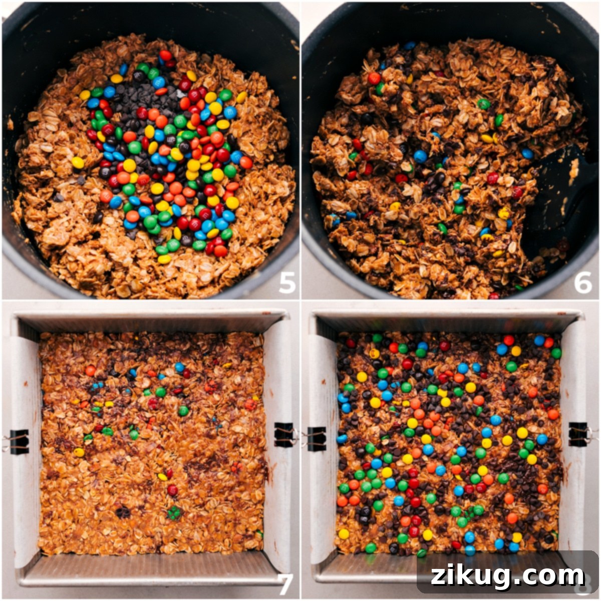 Your New Favorite No-Bake Snack: Homemade Chewy Granola Bars The granola bar mixture, with colorful M&Ms and chocolate chips stirred in, is firmly pressed into a parchment-lined baking pan, ready for chilling.