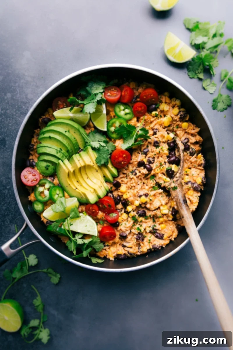 The Best One Skillet Mexican Chicken And Rice for Easy Dinners A vibrant skillet of Mexican Chicken and Rice, brimming with colorful ingredients and fresh toppings, ready to be served.