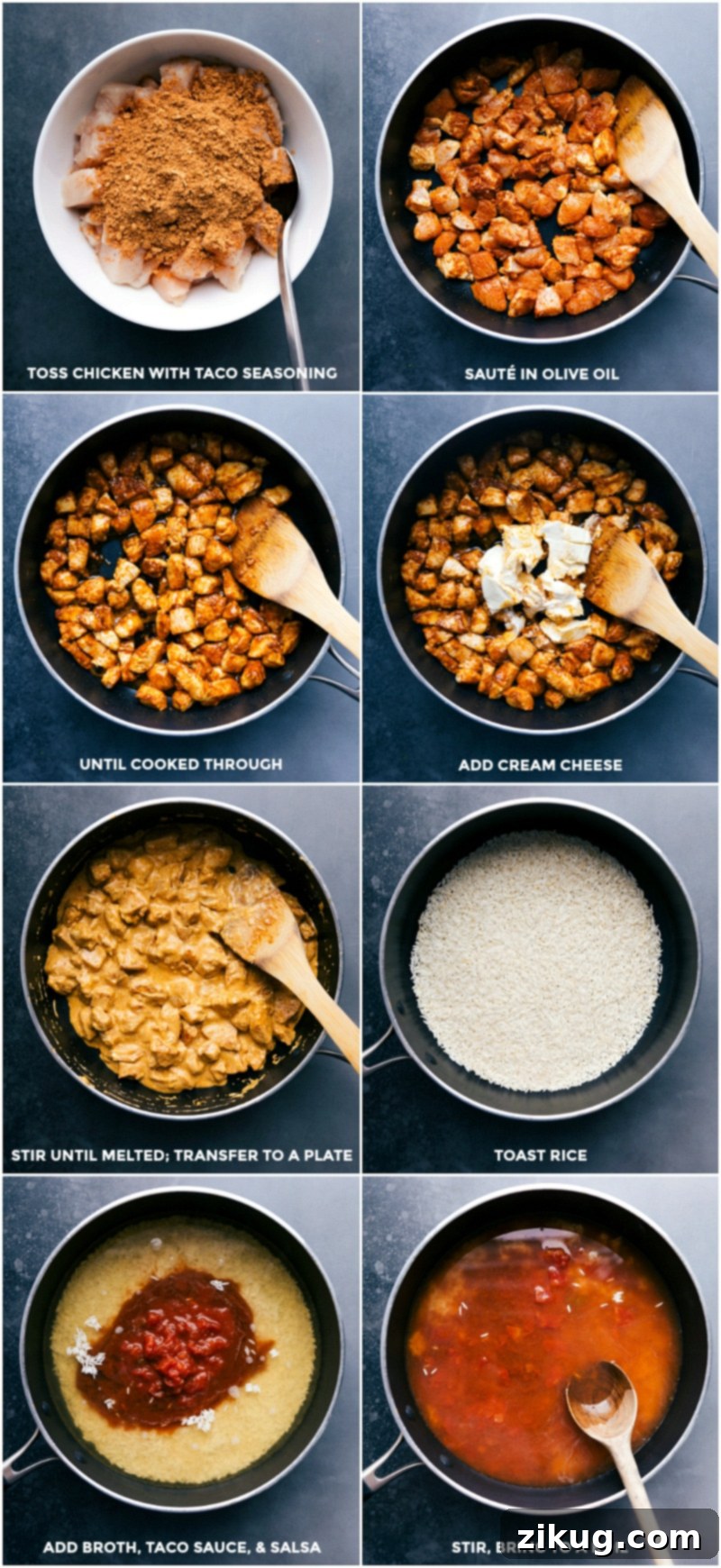 How To Prepare Mexican Chicken And Rice in One Pan Seasoning chicken pieces, sautéing them until golden brown in a skillet, then melting in cream cheese for a rich base.