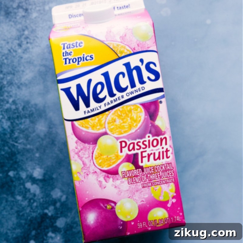 Essential ingredient: Passion fruit juice for a genuine Caribbean Passion Smoothie taste. Combine with frozen fruit, ice, and orange sherbet for a Jamba Juice experience at home. Carton of passion fruit juice, a key ingredient for the Caribbean Passion Smoothie.