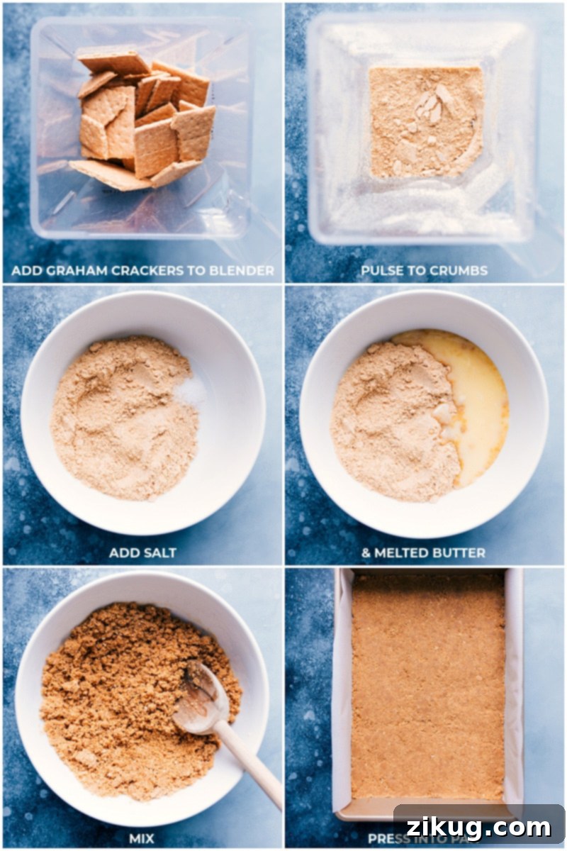 Preparing the graham cracker crust for Magic Bars with melted butter and crumbs Process shot showing a hand pressing the graham cracker crust mixture into a baking pan, illustrating the first step of making Magic Bars.