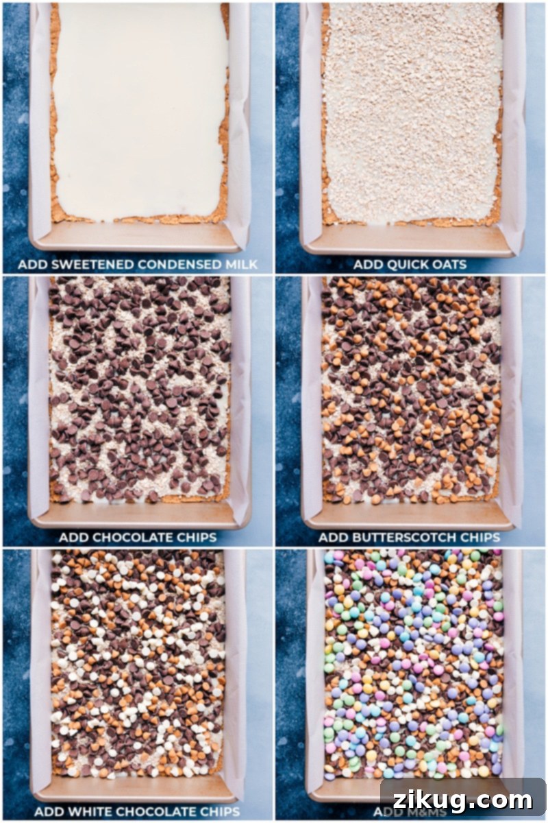 Blissful Bites 2 An overhead view of a baking pan, showcasing the layered process of assembling Magic Bars with the graham cracker crust, sweetened condensed milk, and various toppings.