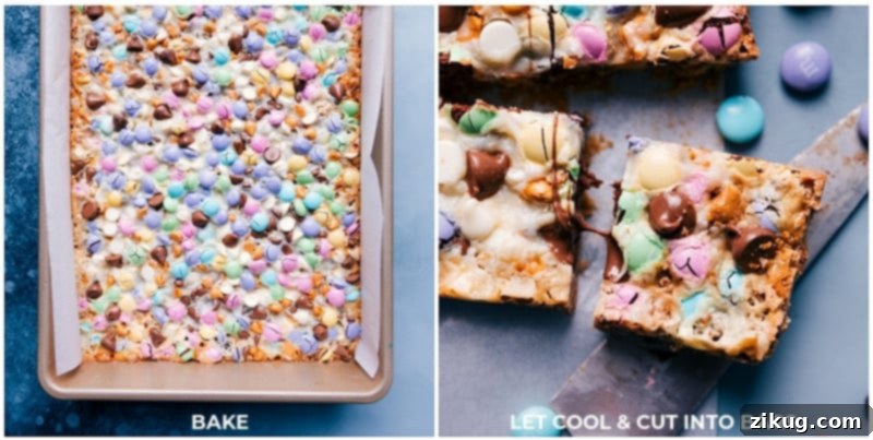 Baked Magic Bars in the pan and cut Freshly baked Magic Bars cooling in the pan, with some bars already cut into perfect squares, showcasing their golden edges and rich, melted chocolate toppings.