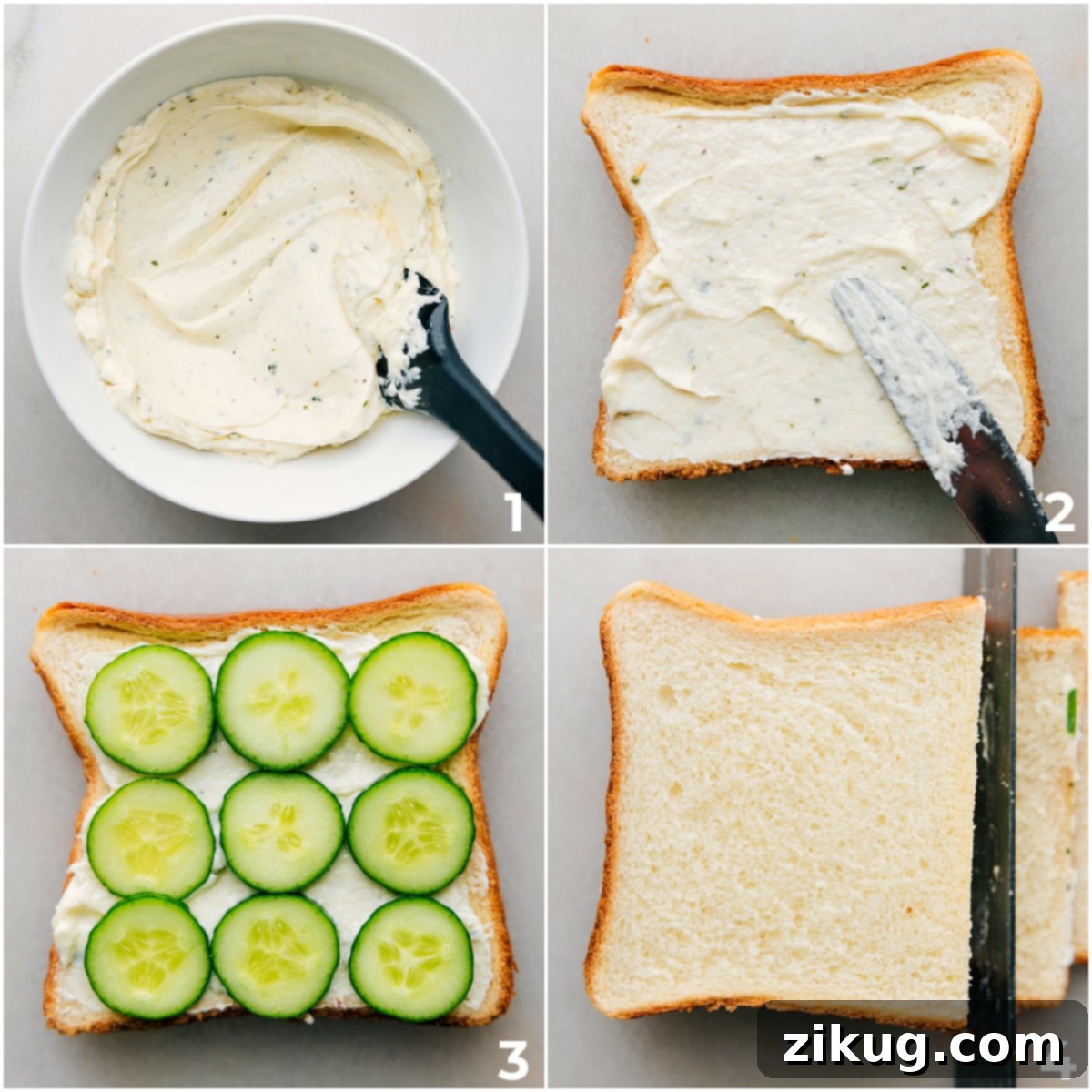 How To Make A Cucumber Sandwich Creamy ranch spread and cucumber slices being layered onto soft white bread.