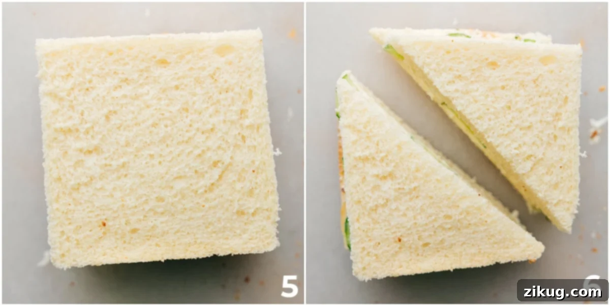 Cutting Cucumber Sandwiches Cucumber sandwiches being sliced into halves, with crusts optionally removed.