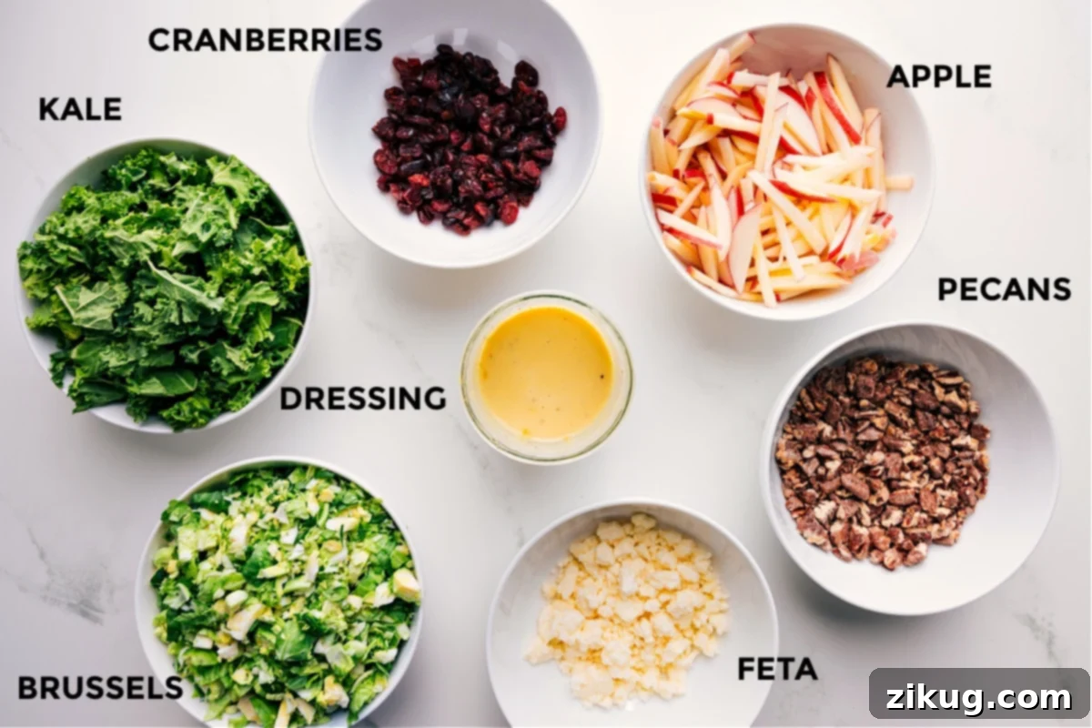 Ingredients In Brussel Sprout Salad Recipe All the ingredients prepped out for easy assembly including the kale, Brussels, cranberries, dressing, feta, pecans, and apples
