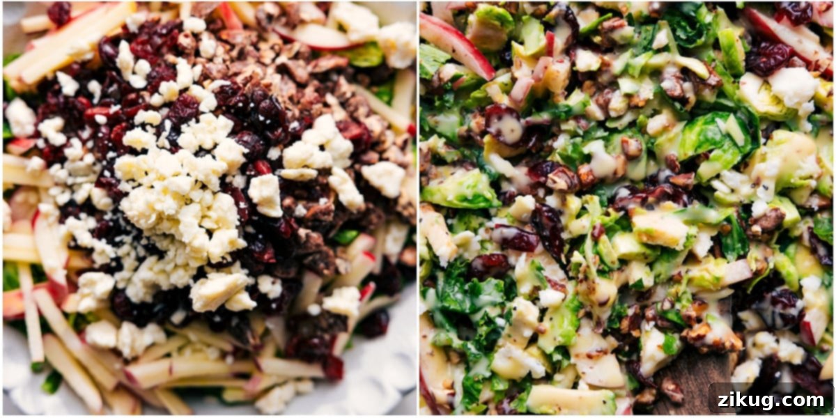 How To Make Brussel Sprout Salad Recipe All the ingredients for this Brussel sprout salad recipe in a bowl tossed together with dressing
