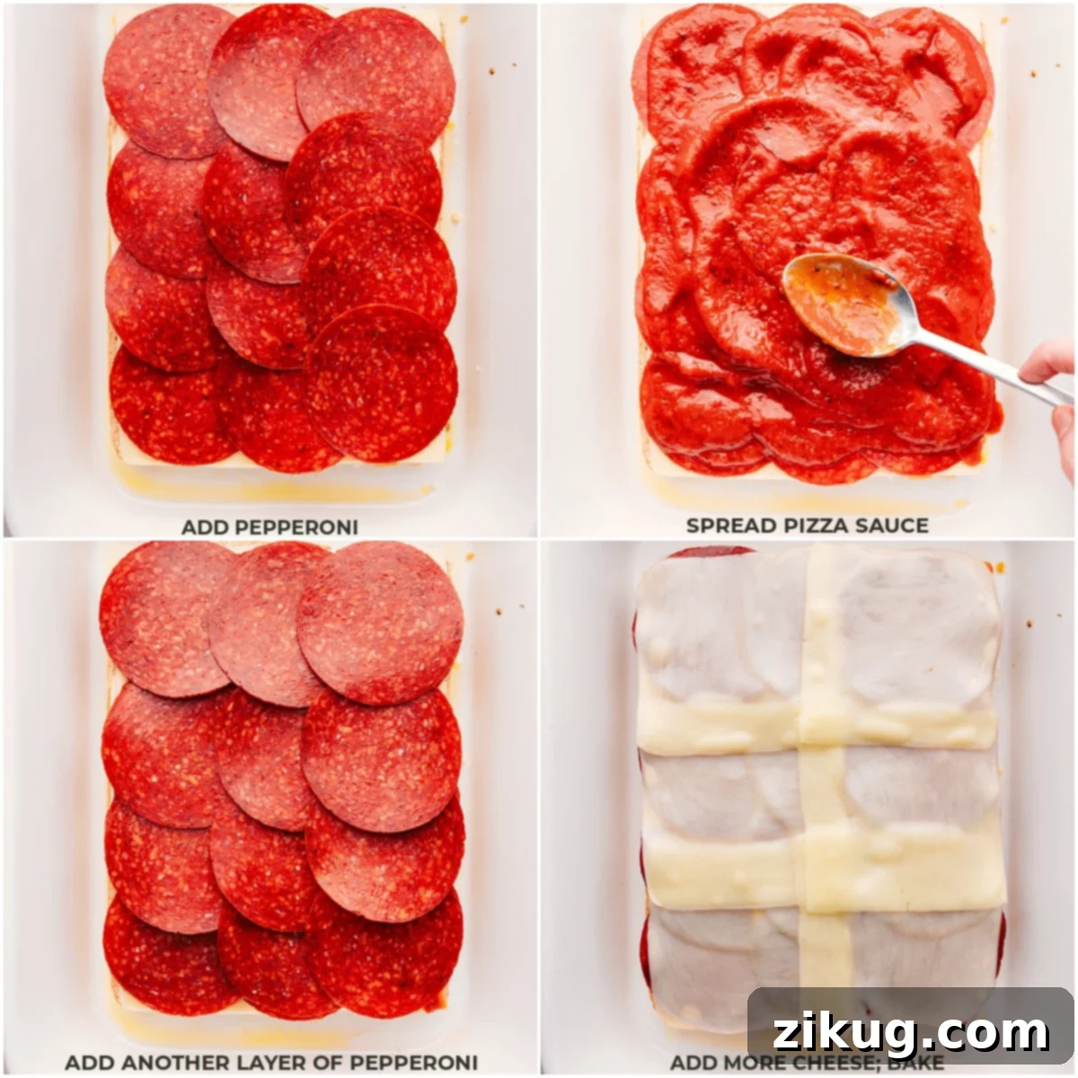 Assembling the Pizza Sliders Layering pepperoni, sauce, and cheese on the Pizza Sliders.