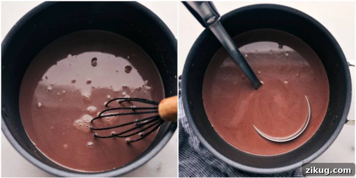 Ready to Serve Homemade Hot Chocolate Hot chocolate warming up in a pan