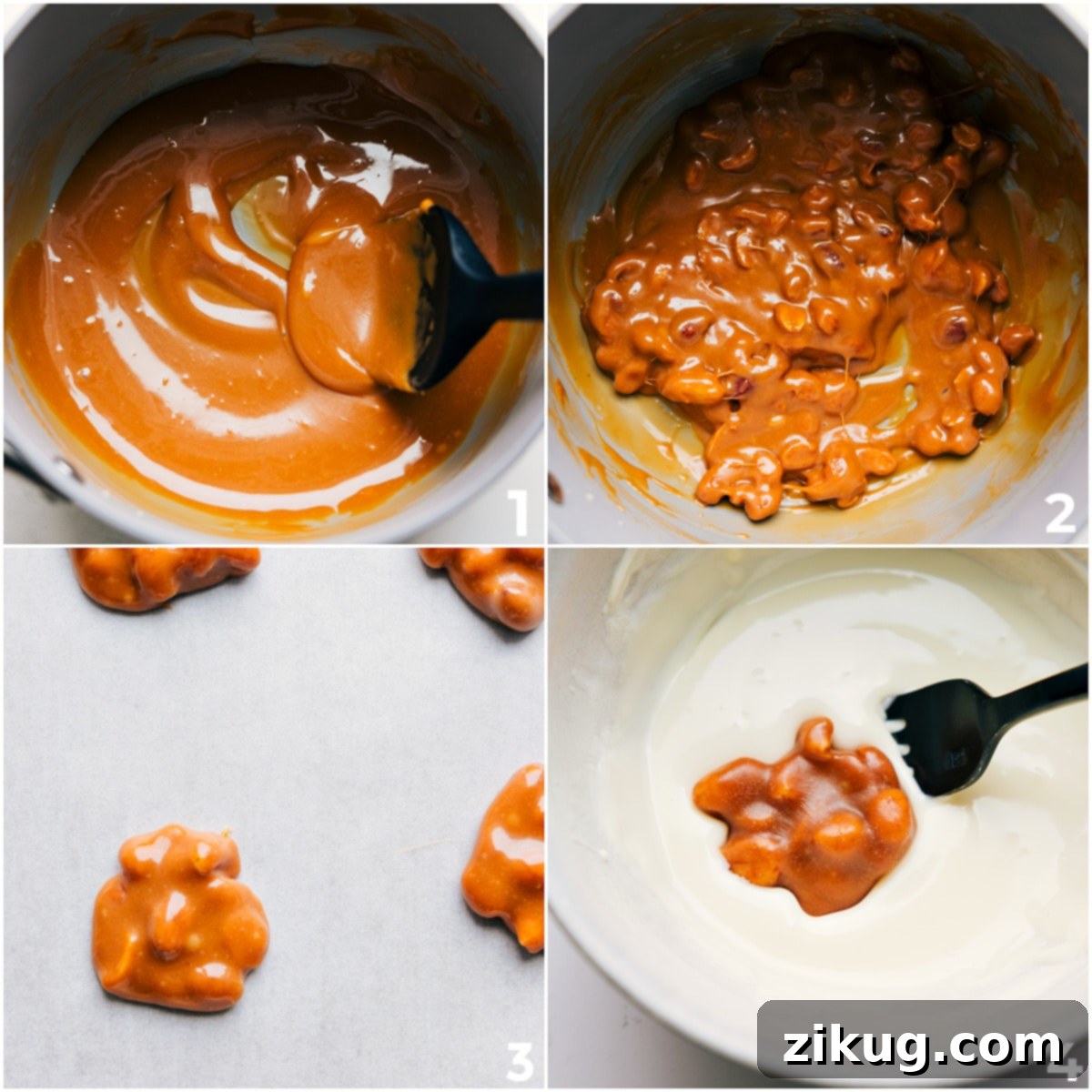 How To Make Polar Bear Paws Caramel and peanuts melted and formed into clusters, then dipped in white chocolate.