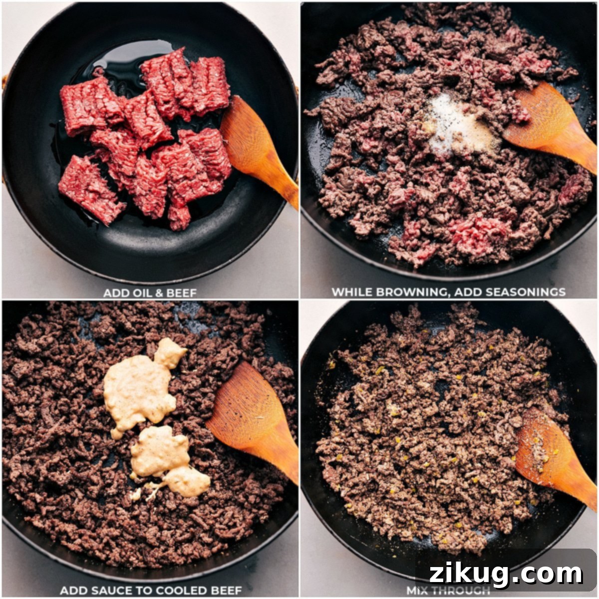 Browning the beef and adding sauce to the cooled beef for cheeseburger sliders.