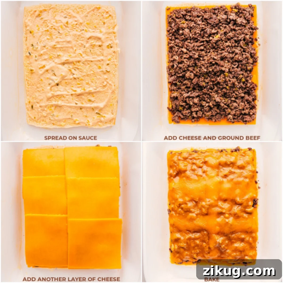 Layering ingredients and baking Cheeseburger Sliders.