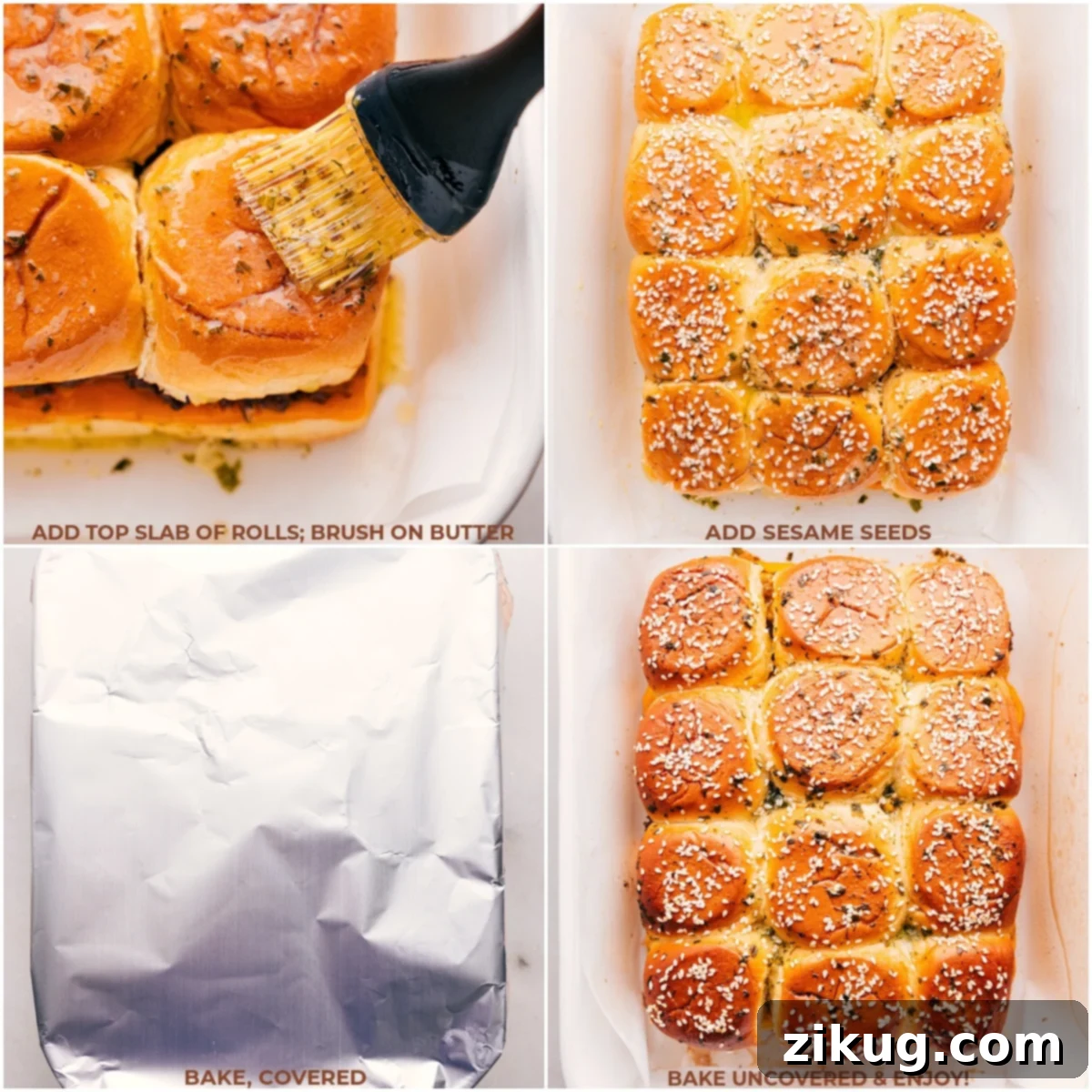 Buttering rolls and baking Cheeseburger Sliders.