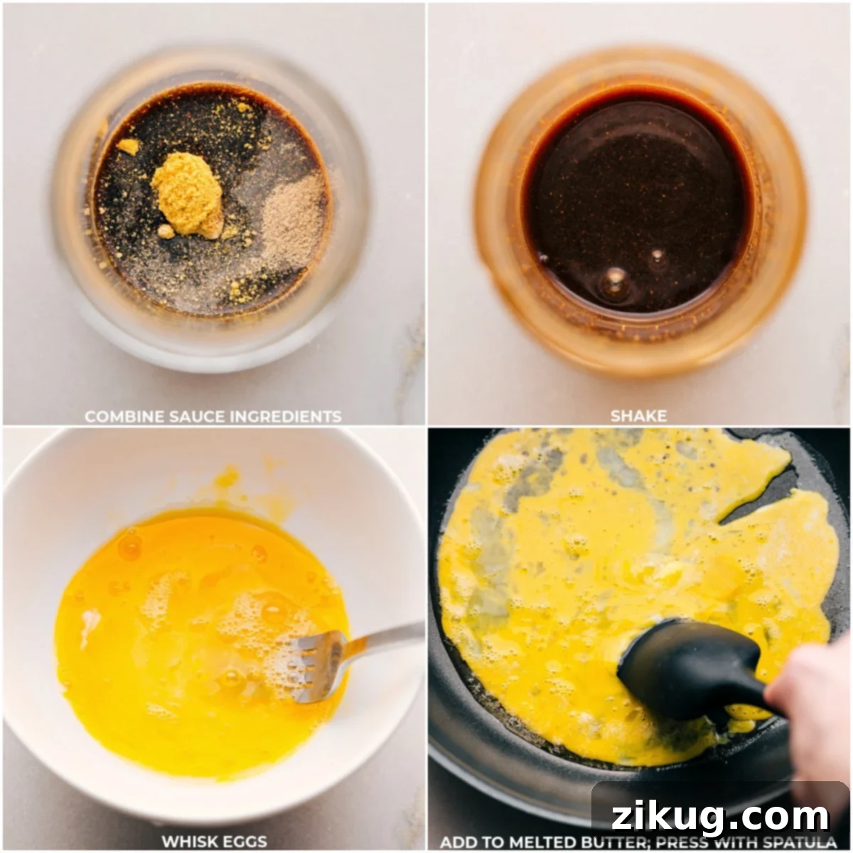 Sauce ingredients being mixed and eggs being cooked.