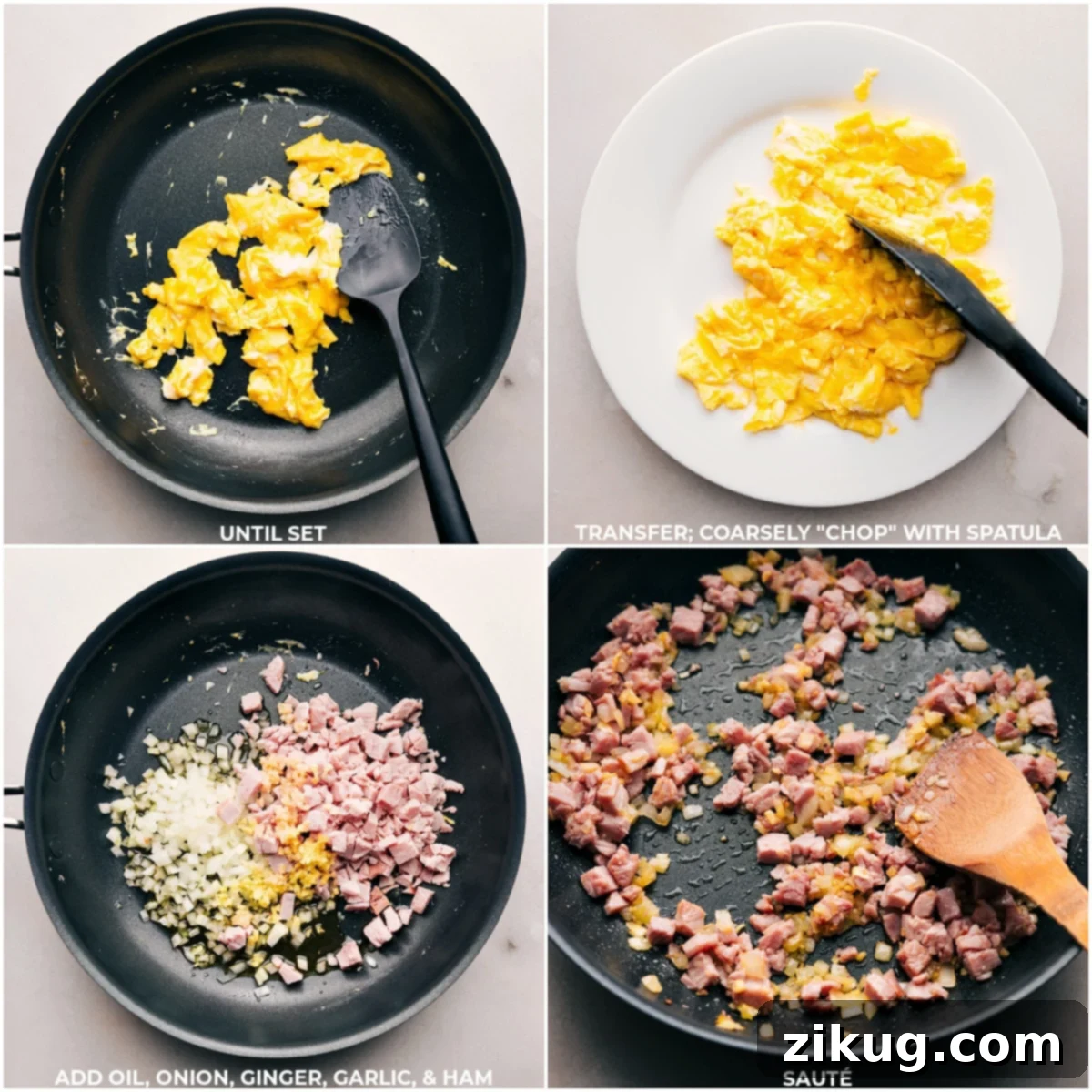 Eggs being finished, then onion, ginger, garlic, and ham being cooked.