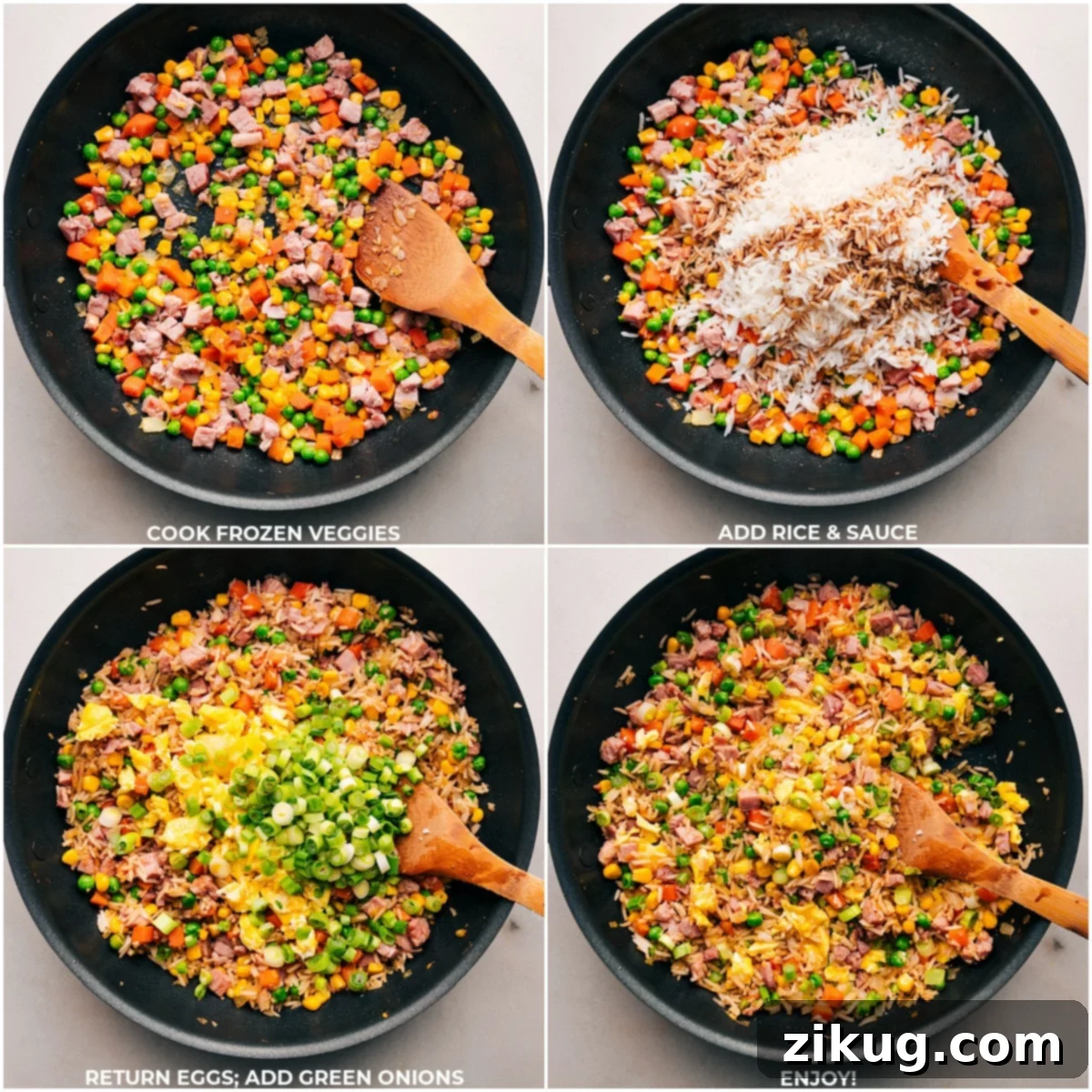 Frozen veggies being added, then rice, sauce, eggs, and onions being added to the pot.