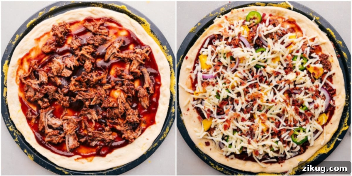 How To Make BBQ Chicken Pizza The process of layering ingredients onto the pizza dough for a delicious BBQ Chicken Pizza.