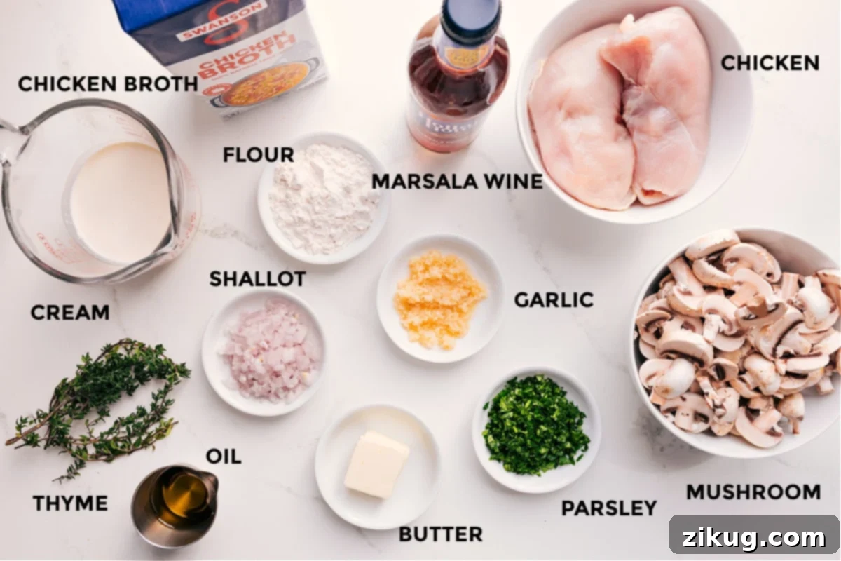 Essential Ingredients for Chicken Marsala Ingredients for Chicken Marsala Recipe: Chicken breasts, mushrooms, garlic, shallots, Marsala wine, broth, butter, olive oil, cream, thyme, and parsley.