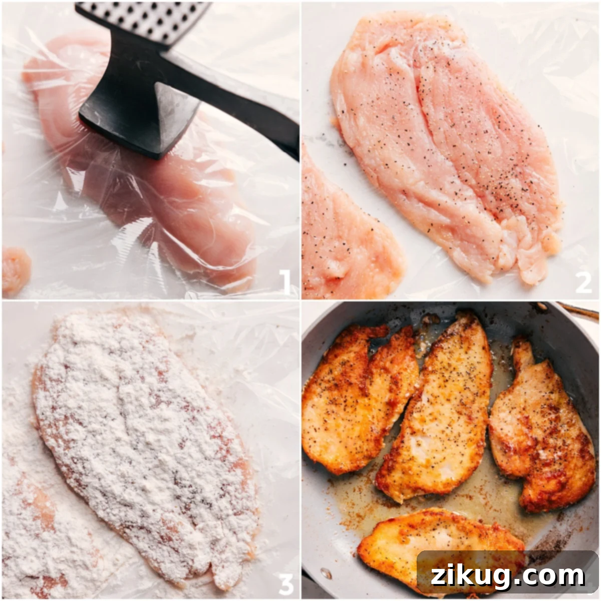 Step-by-Step Guide to Making Chicken Marsala Step-by-step preparation of Chicken Marsala: Pounding chicken breasts, coating in flour, and searing in oil.