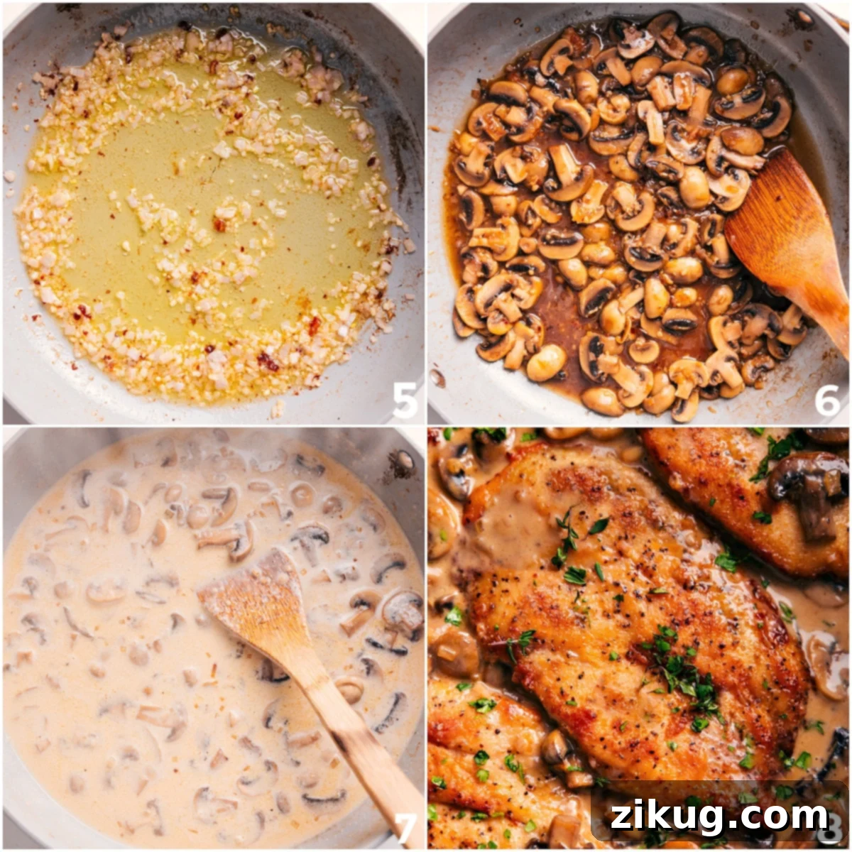 The Irresistible Creamy Chicken Marsala Sauce Creamy Marsala sauce simmering in a pan, with chicken being added back in.