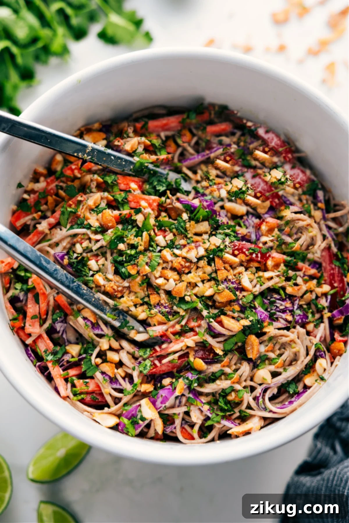 Fresh And Flavorful Soba Noodle Salad Recipe Soba Noodle Salad Recipe in a bowl tossed together and topped with extra peanuts.