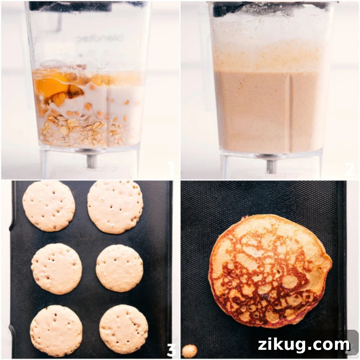 How To Make This Healthy Pancake Recipe All the ingredients in this healthy pancake recipe added to the blender and blended together then cooked up into fluffy pancakes.