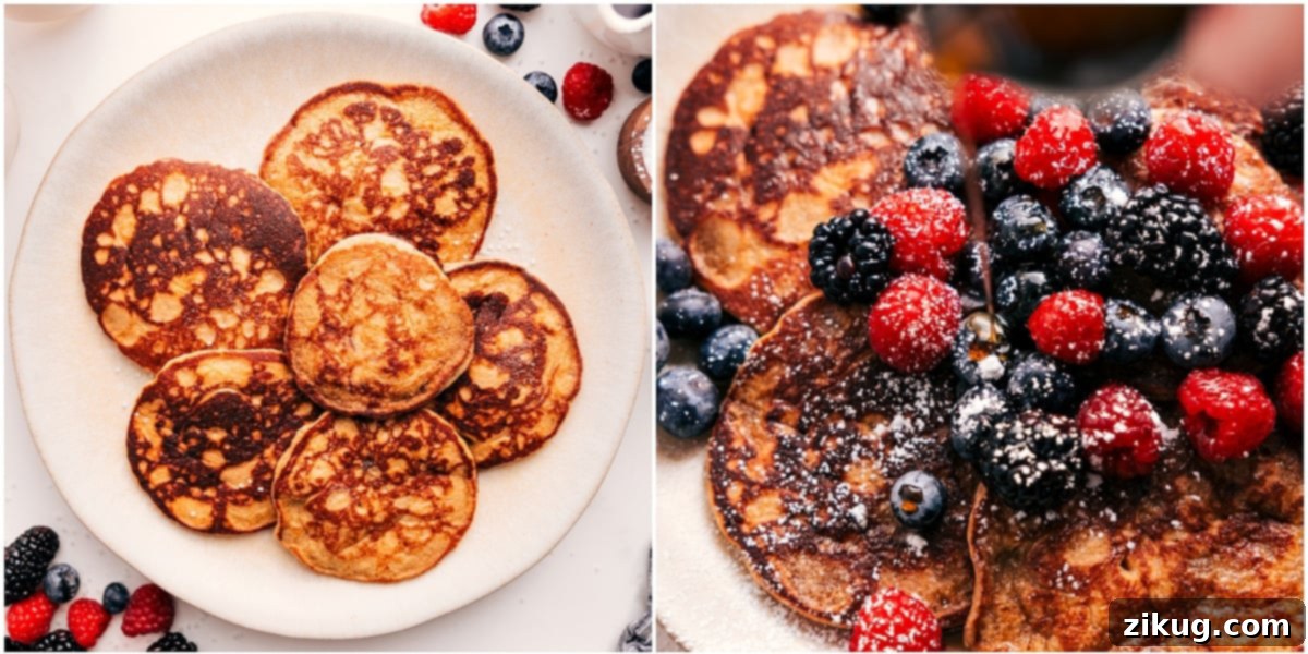 The Perfect Breakfast Recipe: Healthy Pancakes The breakfast plated up with fresh berries, powdered sugar, and a drizzle of maple syrup.
