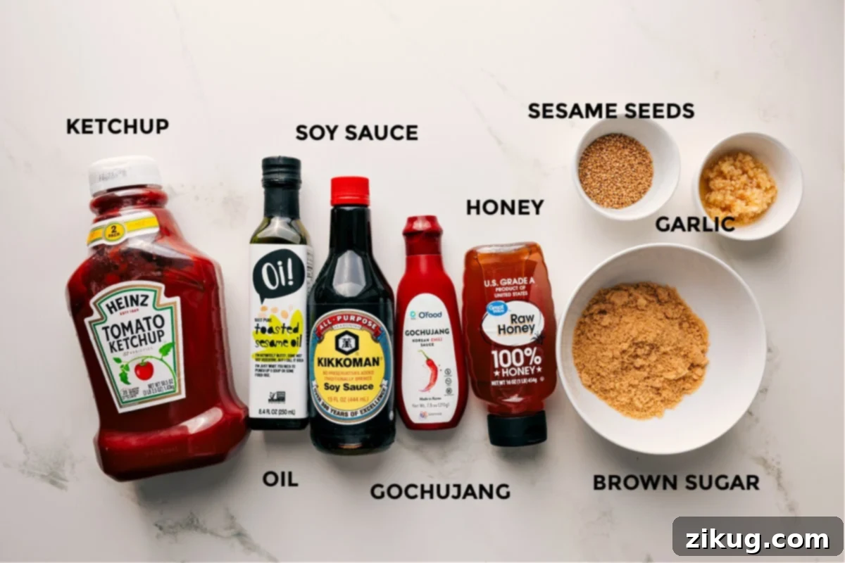 Korean Fried Chicken: A Flavor Explosion 3 All the ingredients for the Korean chicken sauce prepped and ready, including ketchup, oil, soy sauce, gochujang, honey, sesame seeds, garlic, and brown sugar.