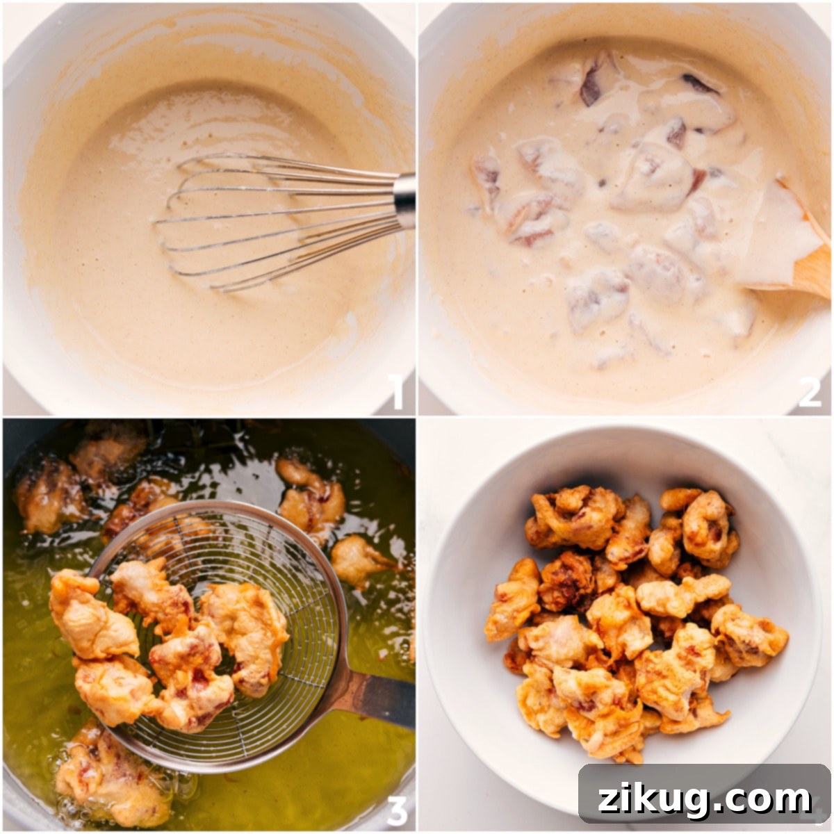 Korean Fried Chicken: A Flavor Explosion 5 The chicken whisked into a batter and then deep fried and added to a bowl.