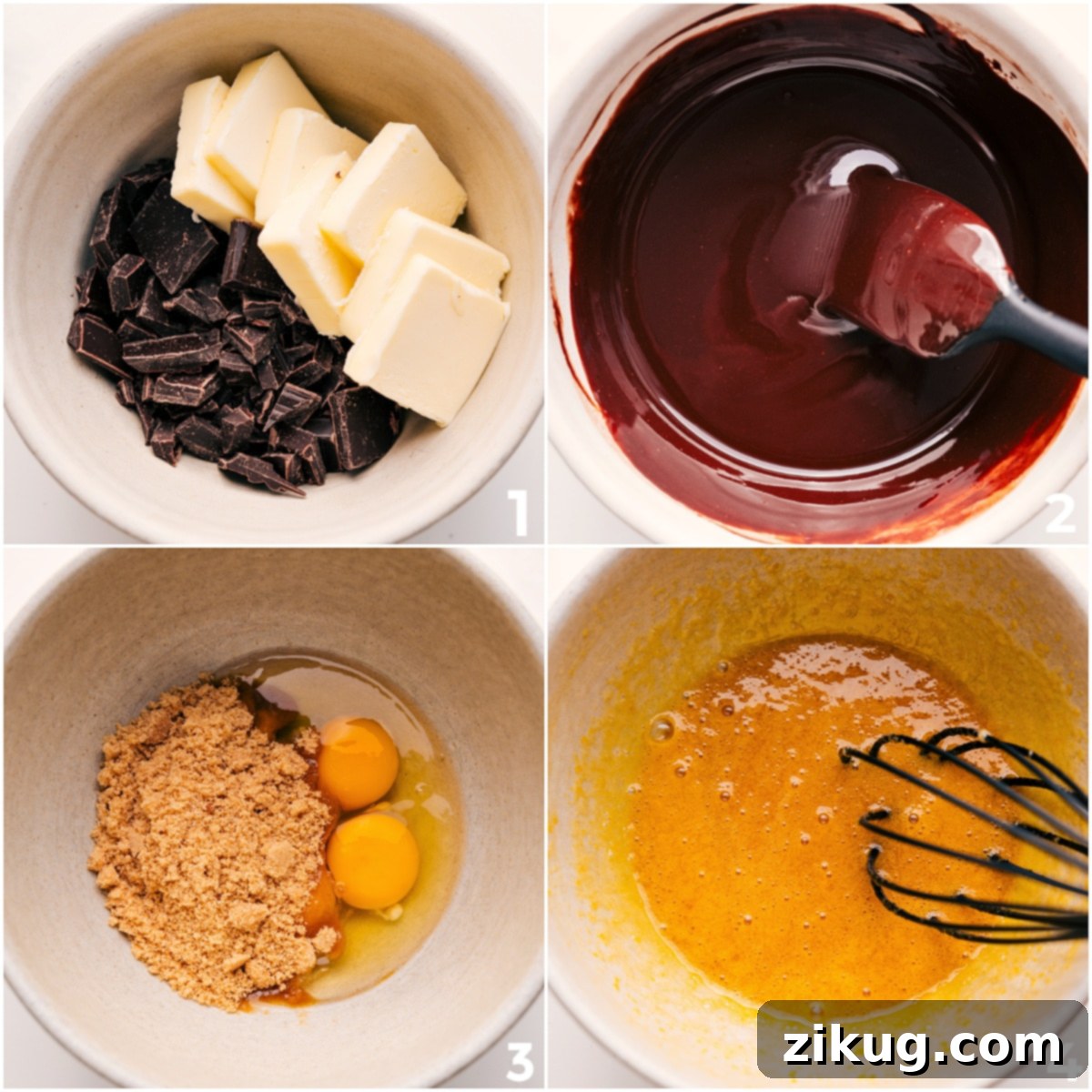 Chili's Molten Lava Cake Delight 4 Melting chocolate and butter together while whisking eggs and brown sugar in separate bowls, illustrating the initial steps of the Chili's lava cake recipe.