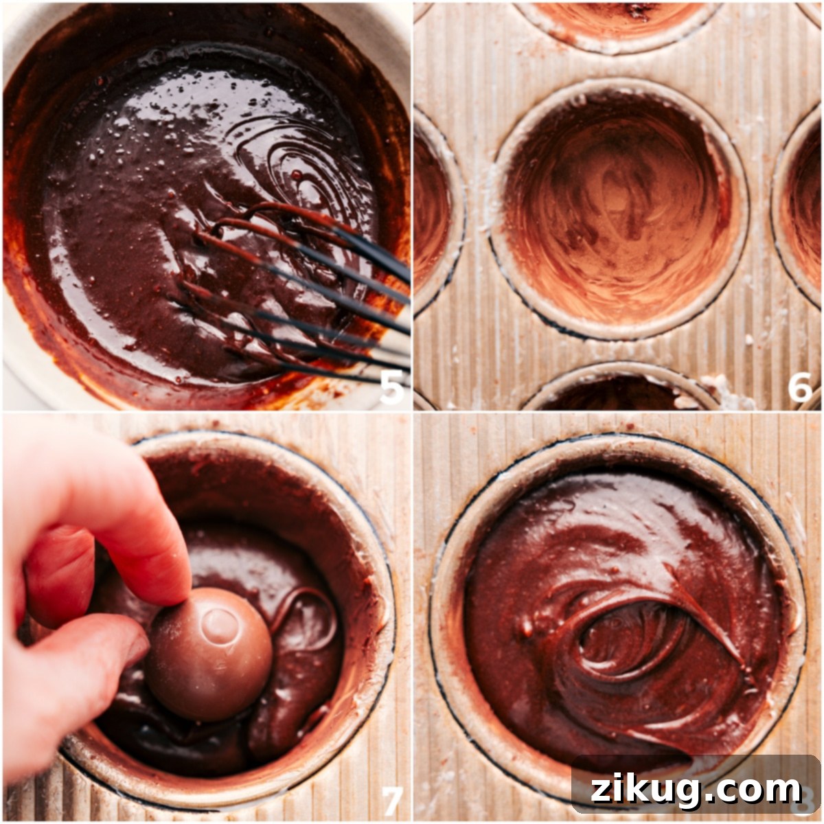 Chili's Molten Lava Cake Delight 5 The chocolate and egg mixture being poured into muffin tins with chocolate bowls already placed in the center, preparing the lava cakes for baking.