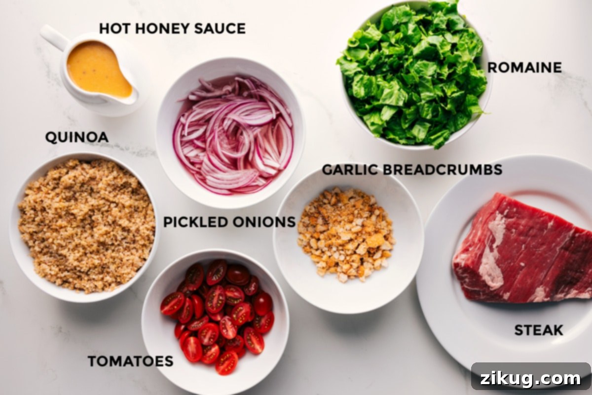 Ingredients for Steak Bowl Recipe - Steak, Quinoa, Tomatoes, Pickled Onions, and Hot Honey Sauce