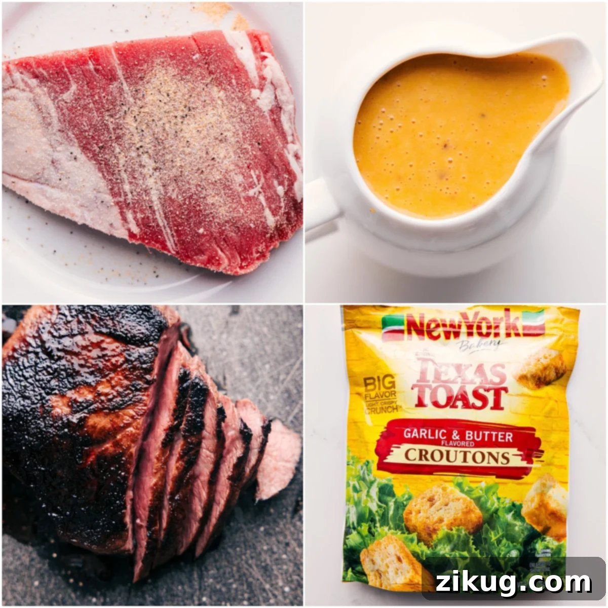 Steak being grilled, dressing being made, and croutons for the Steak Bowl Recipe