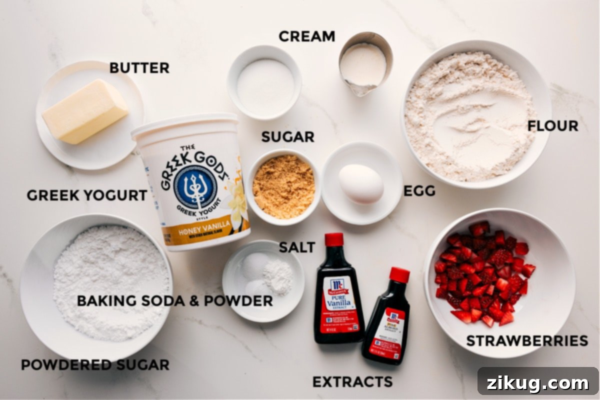 Strawberry Scones Ingredients Ingredients for Strawberry Scones: flour, butter, strawberries, yogurt, sugar, baking powder, baking soda, cream, egg, and extracts.