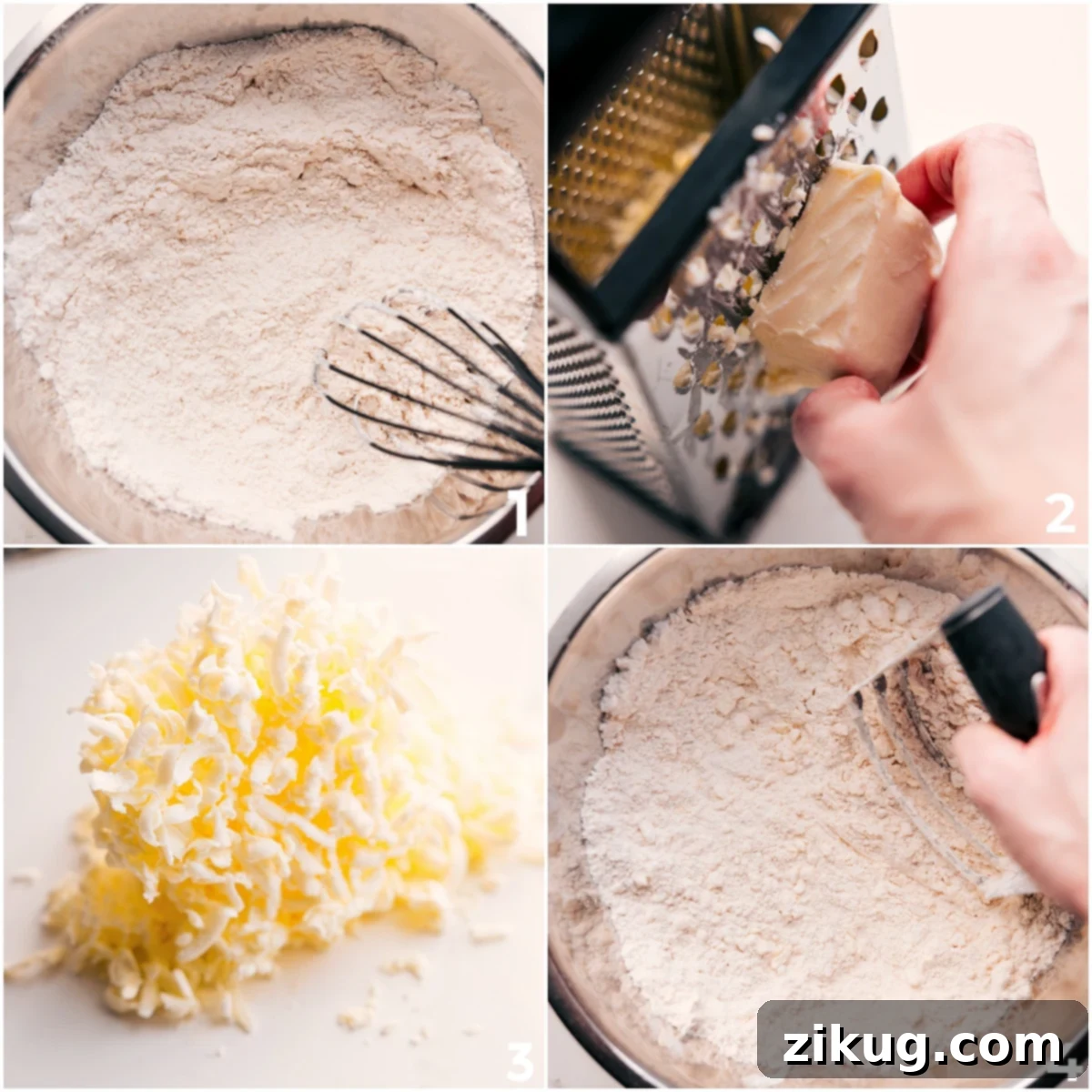 Strawberry Scones Dough Preparation Dry ingredients mixed with shredded butter for Strawberry Scones recipe.