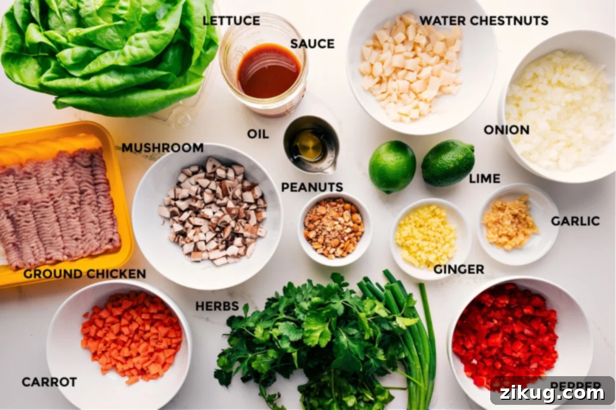 Ingredients To Lettuce Wrap Recipe All the ingredients in this recipe prepped and ready for assembly including lettuce, ground chicken, carrot, mushrooms, herbs, sauce, oil, peanuts, water chestnuts, onion, limes, garlic, ginger, and peppers.