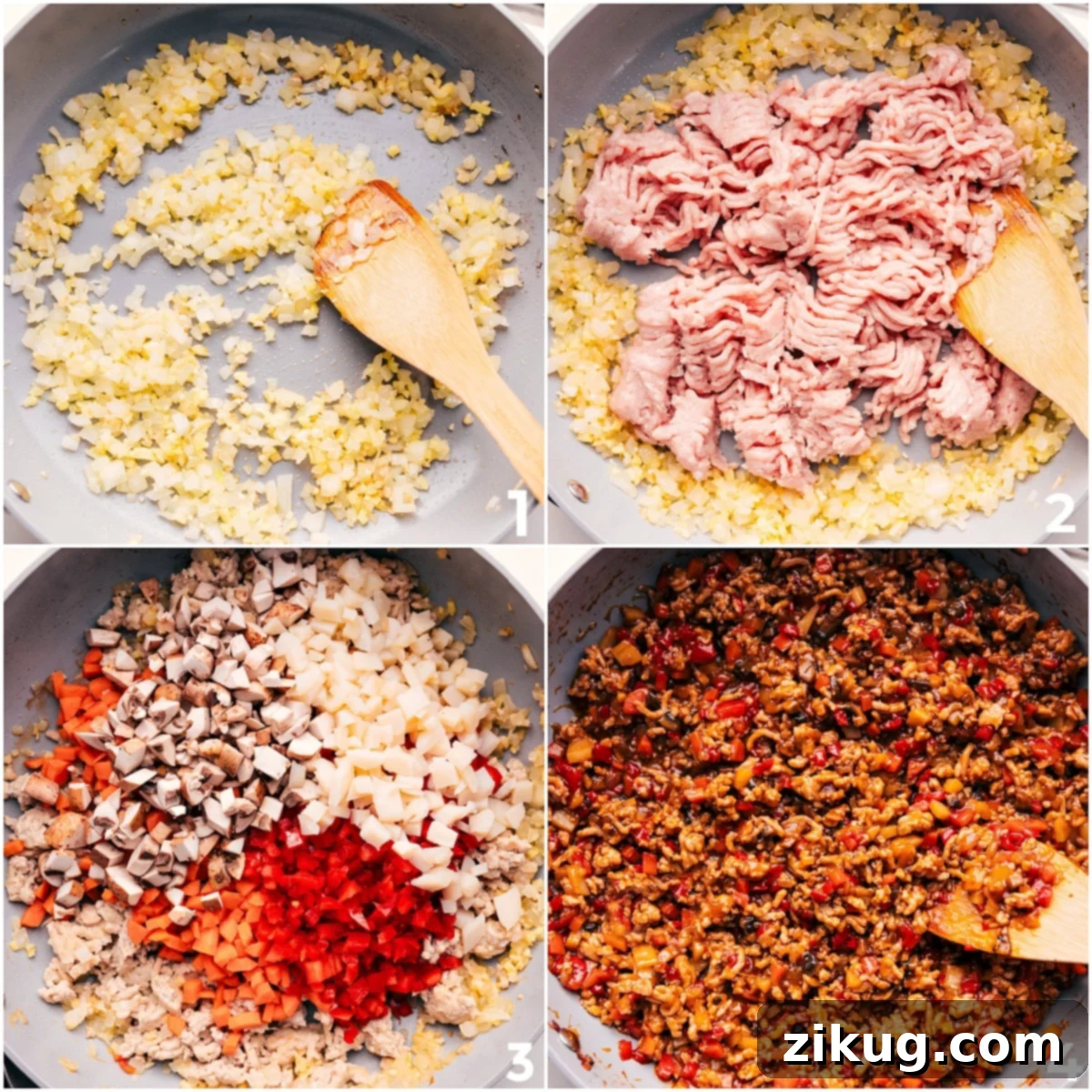 How To Make This Lettuce Wrap Recipe The ground chicken being browned with aromatics and veggies for this lettuce wrap recipe.