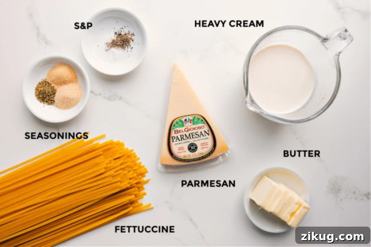 Olive Garden's Fettuccine Alfredo: A Homemade Twist 3 Ingredients for Olive Garden Fettuccine Alfredo Recipe, neatly arranged.
