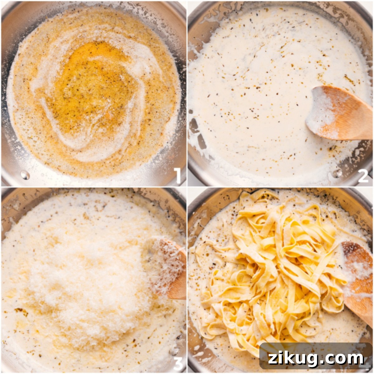 Olive Garden's Fettuccine Alfredo: A Homemade Twist 5 The creamy sauce being cooked with the fettuccine for this Olive Garden Fettuccine Alfredo Recipe.