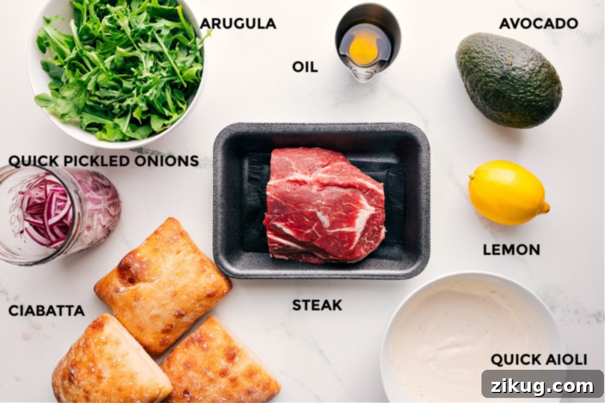 Ingredients In This Steak Sandwich Recipe Ingredients for Steak Sandwich Recipe: steak, arugula, pickled onions, avocado, aioli