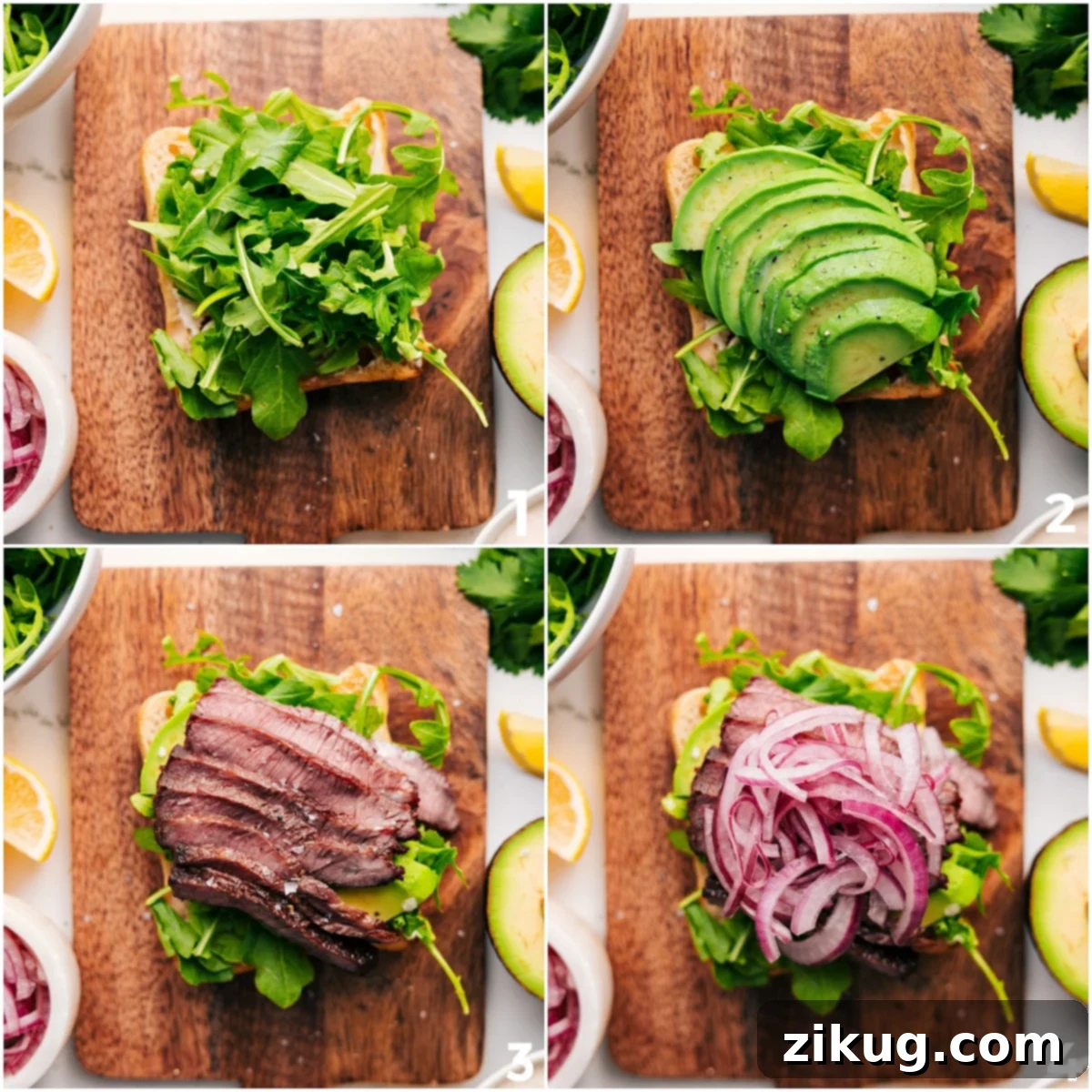 How To Make This Steak Sandwich Recipe Assembling the Steak Sandwich with arugula, avocado, steak, and pickled onions